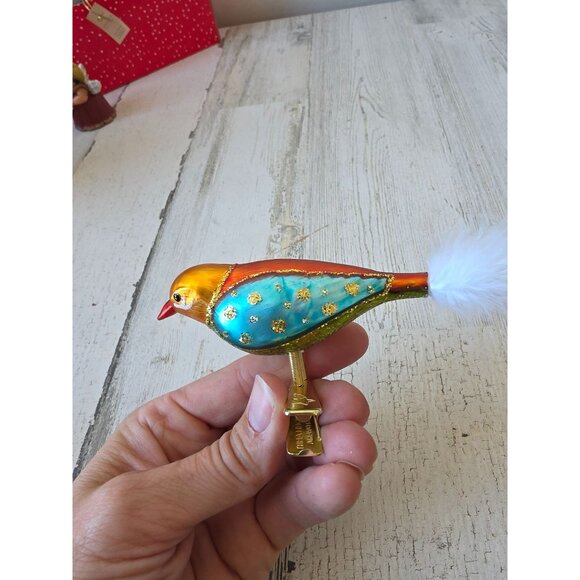 Kathe wohlfahrt glass sparkle bird clip ornament gold blue Xmas feather tree - Picture 4 of 8